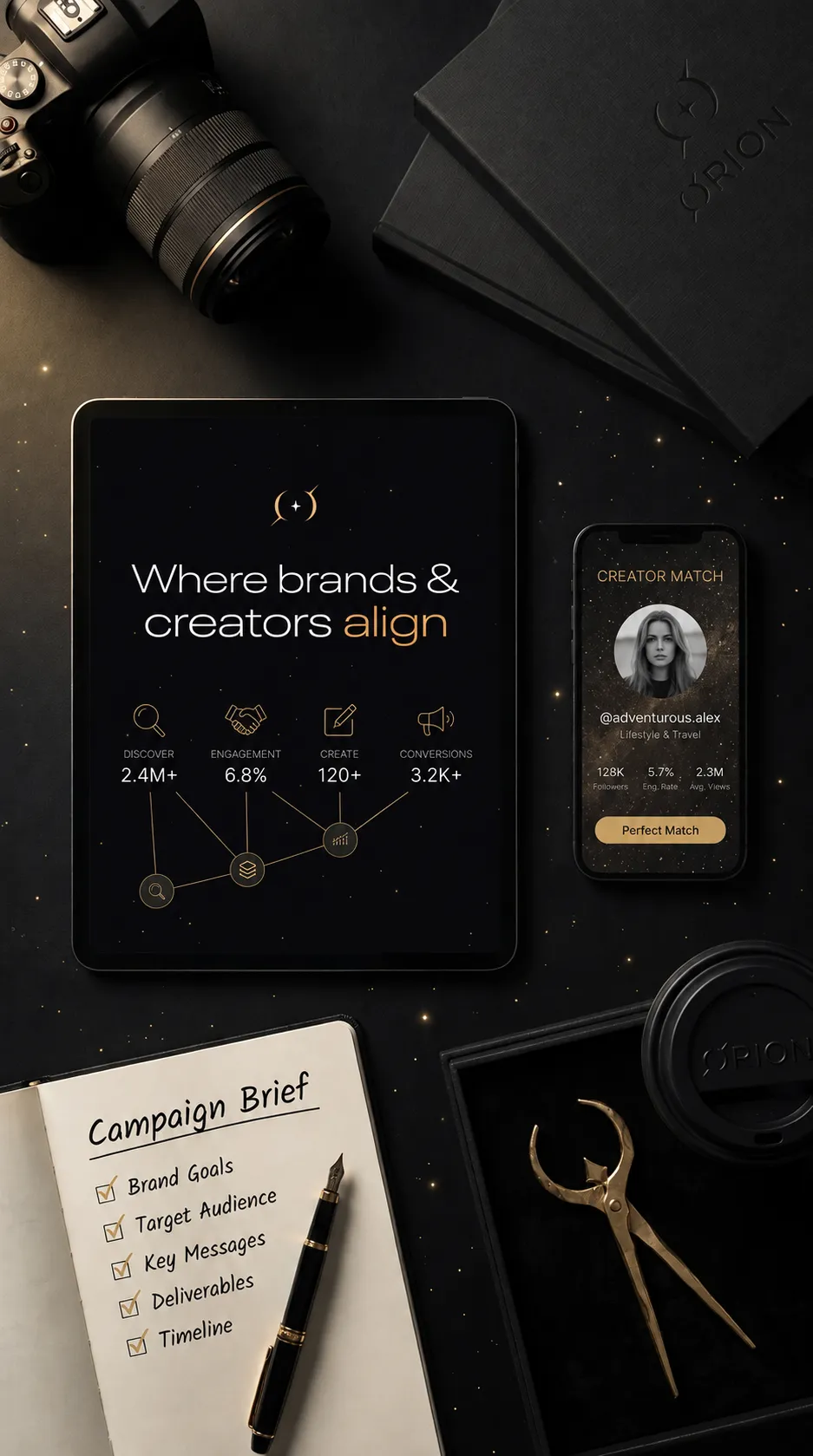 Campaign strategy dashboard, creator match app, and campaign brief notebook on a dark desk